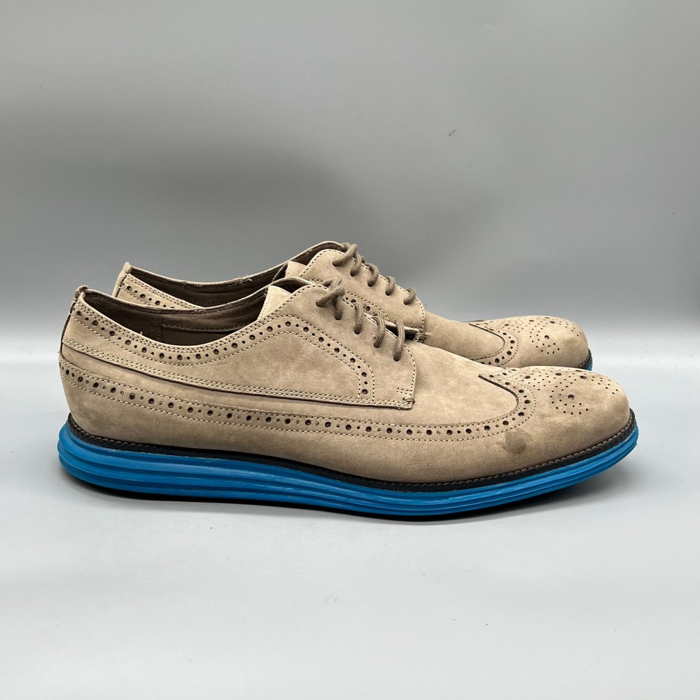 Cole Haan Oxford Mens 13 Tan Blue Suede Wingtip Brogue Grand.OS Dress Shoes
